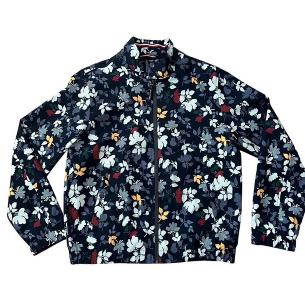 Tommy Hilfiger Zip Up‎ Windbreaker Rain Jacket Size Medium Leaves Blue